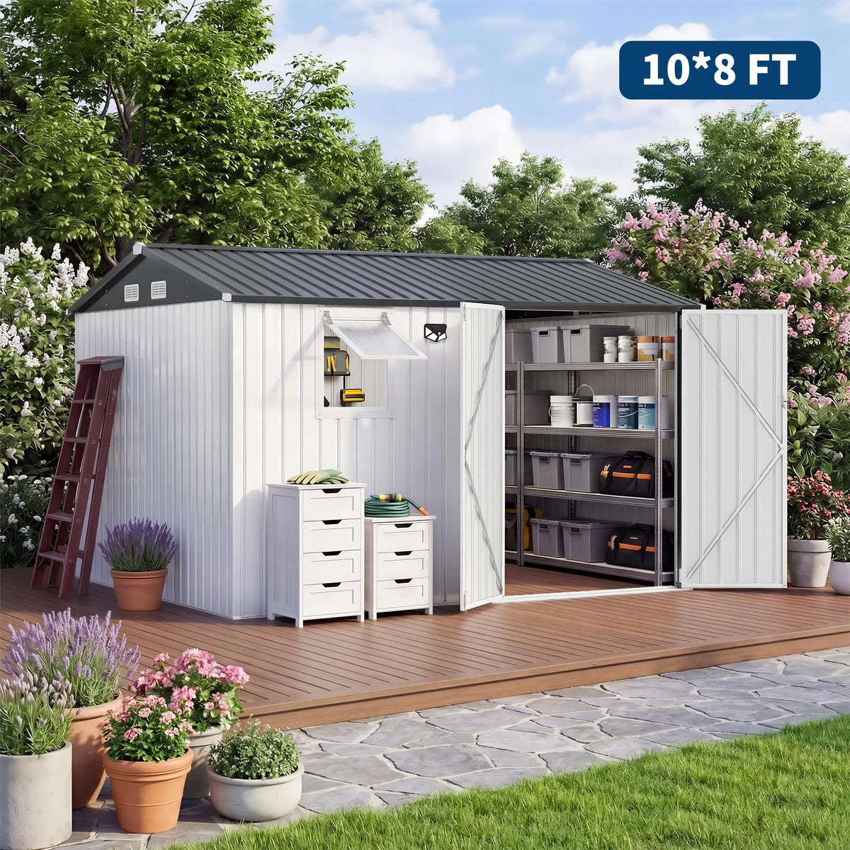 HiMISS Metal Garden Storage Shed With Sloped Roof Lockable Doors