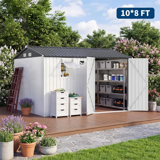 HiMISS Metal Garden Storage Shed With Sloped Roof Lockable Doors