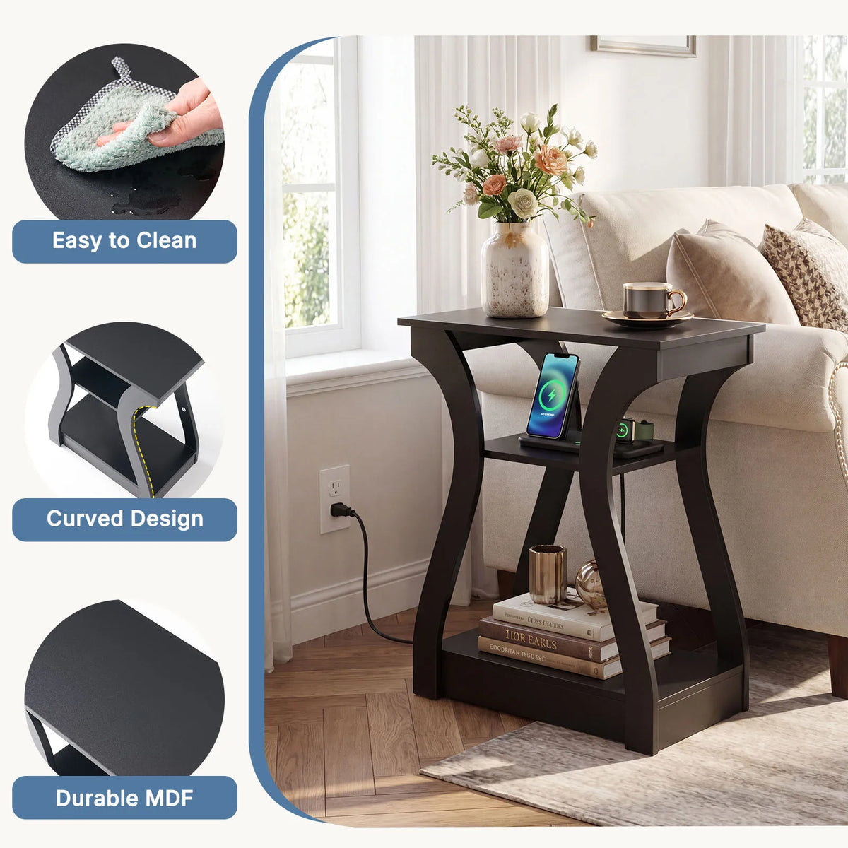 MCQ Modern 3 Tier Living Room Cabinet With Charging Station