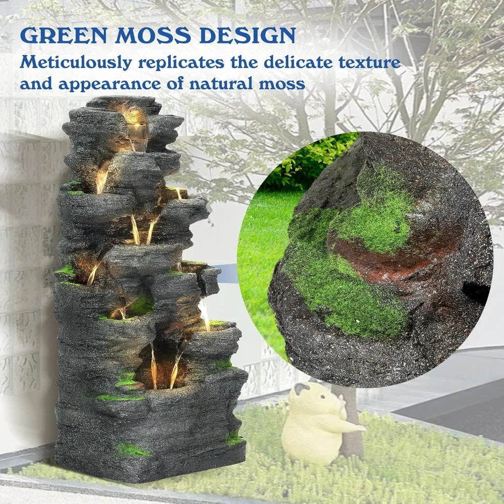 Cascading Rock Waterfall Fountain With LED Lights For Outdoor Gardens