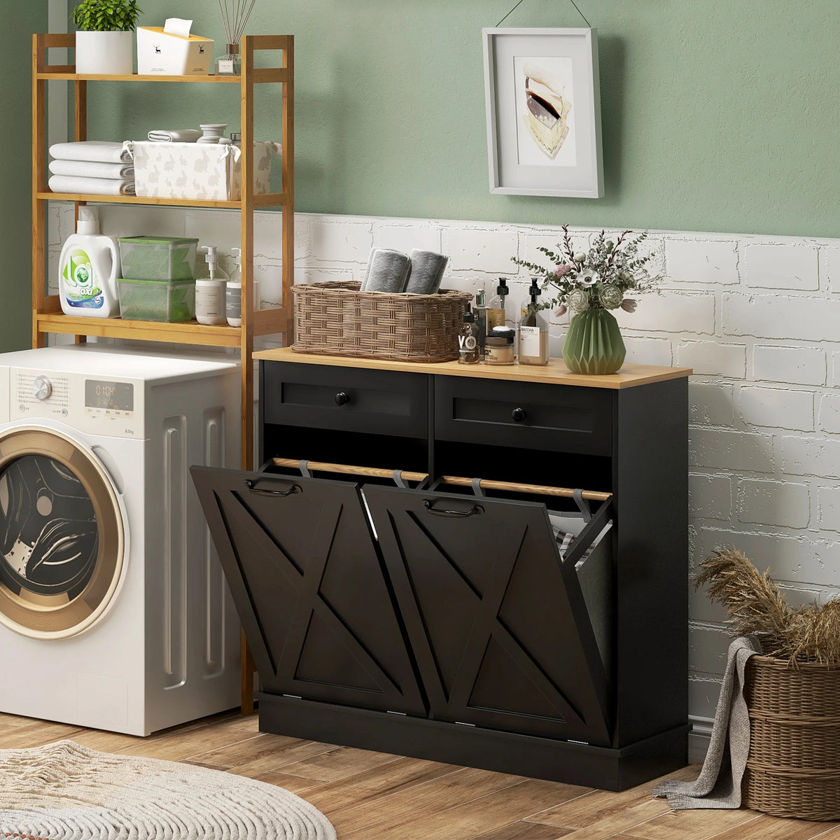 HOMCOM Double Tilt Out Laundry Hamper Cabinet With Drawers
