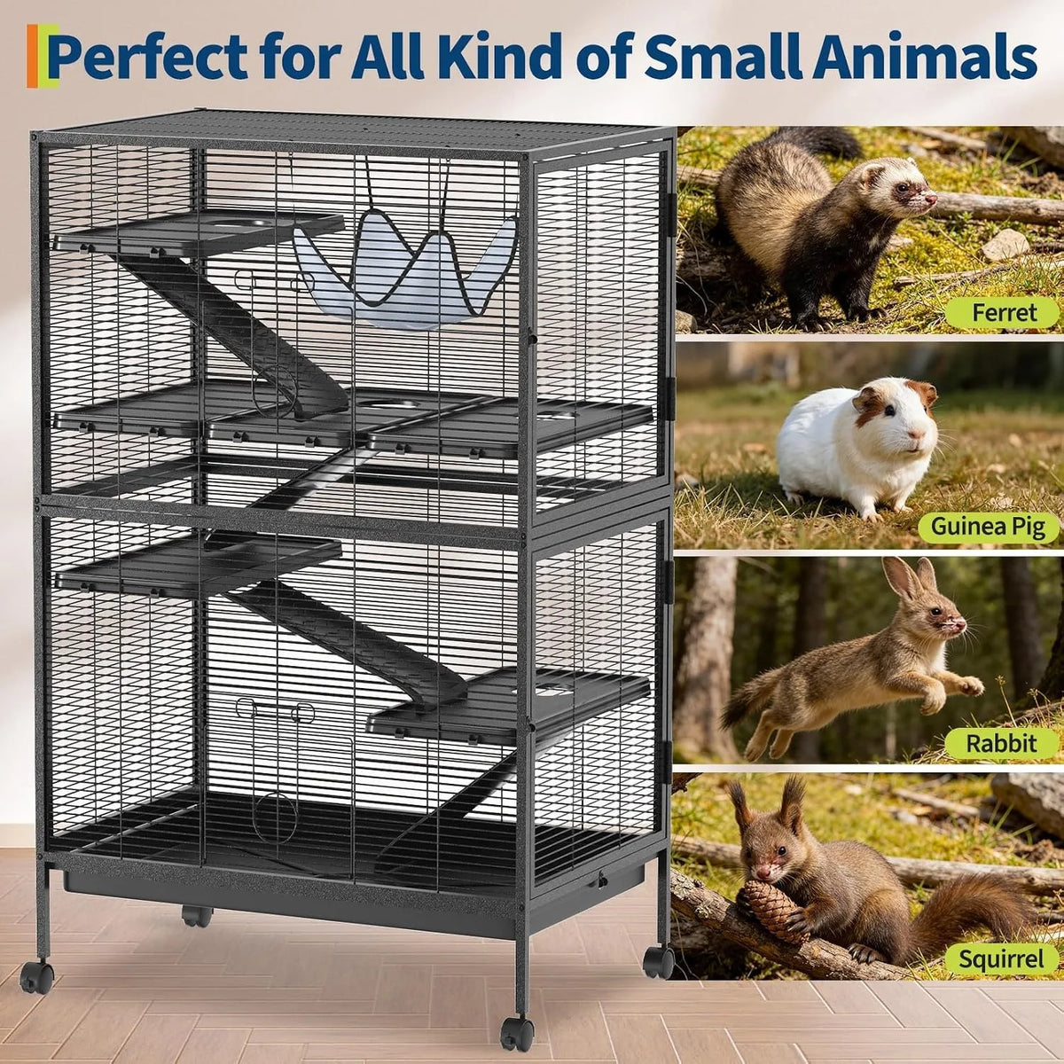 50in Tall Ferret Cage Multi Level Small Animal Habitat with Hammock Removable Platforms Ramp Rolling Wheels Bottom Tray for Sugar Glider Chinchilla Guinea Pig Rabbit and Small Pets