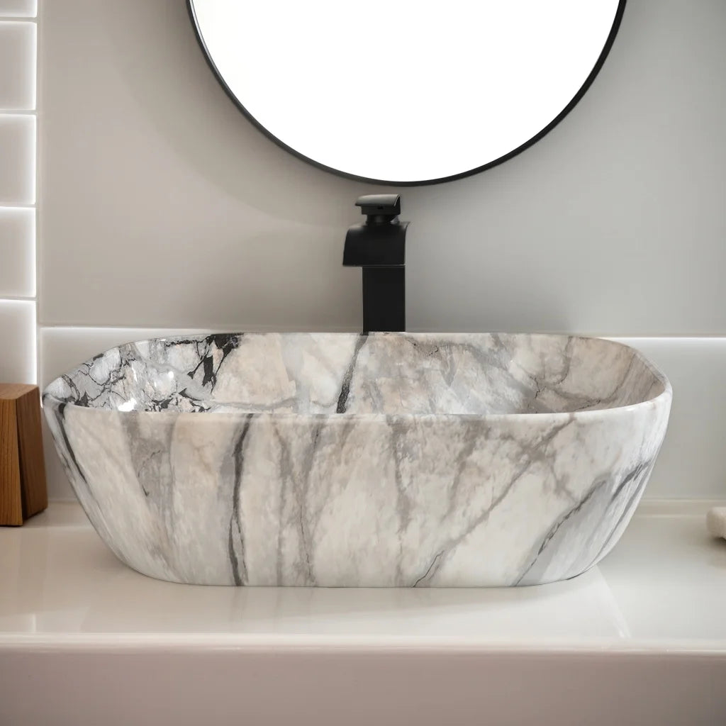 MEKKHALA Ceramic Vessel Sink Set With Matte Faucet Bathroom Basin