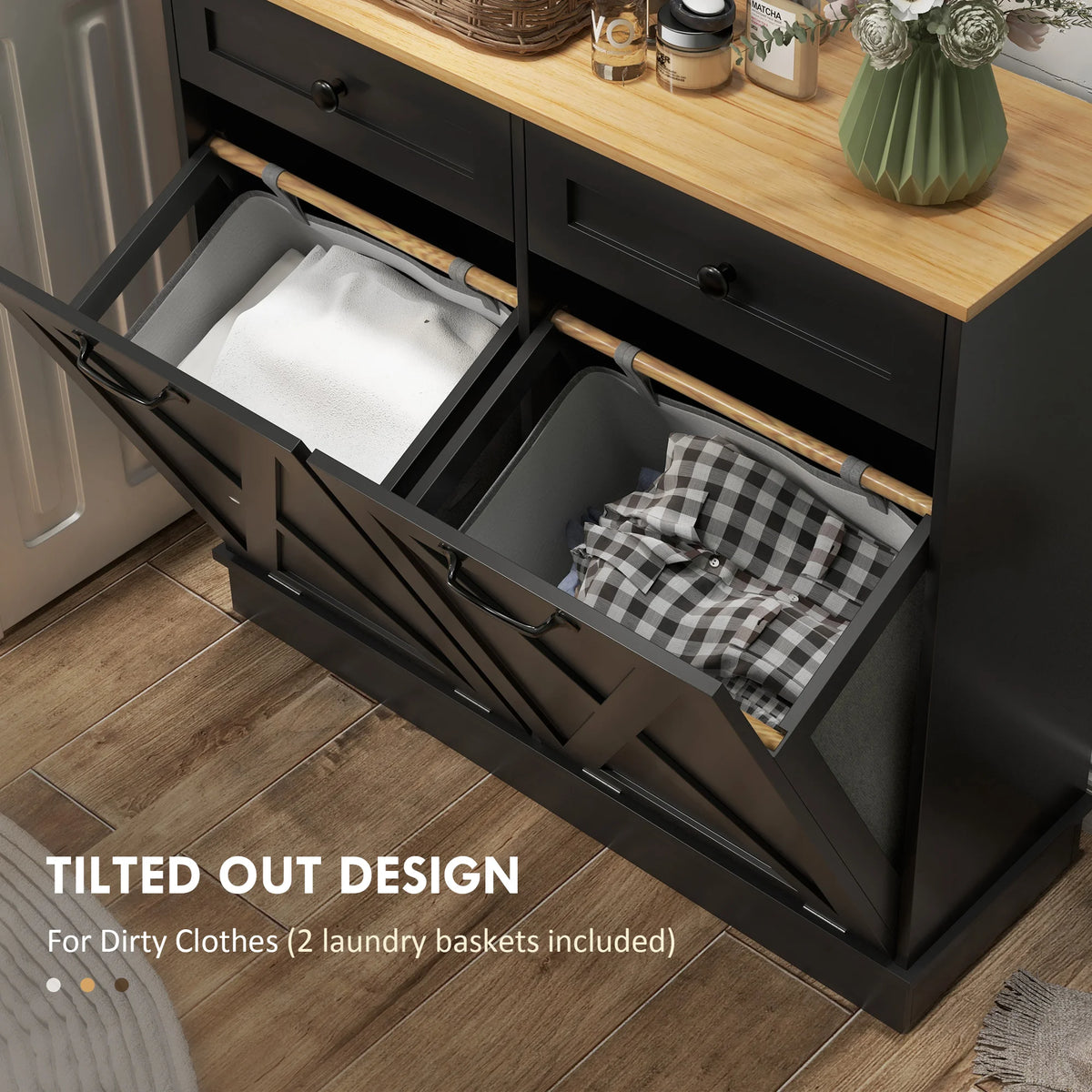 HOMCOM Double Tilt Out Laundry Hamper Cabinet With Drawers