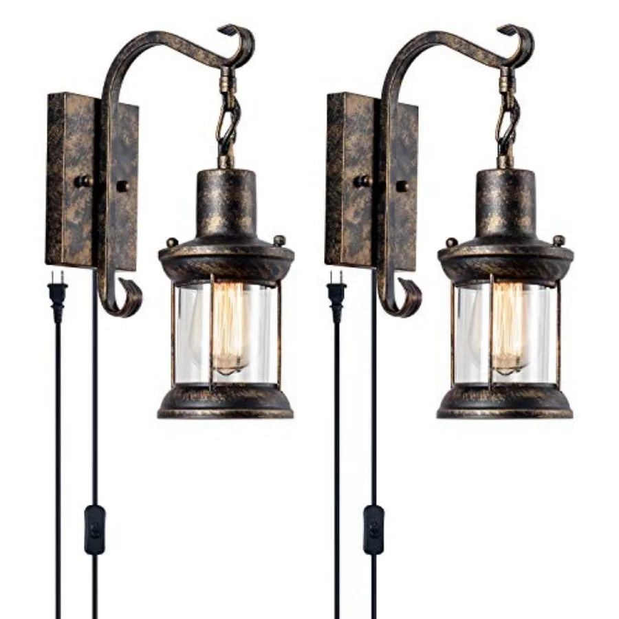 Rustic Wall Lamps, Lantern Wall Sconce Plug in Oil Rubbed Antique Wall Sconce Fixtures Farmhouse Interior Wall Lighting for Bed