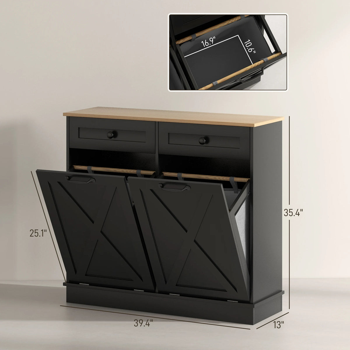 HOMCOM Double Tilt Out Laundry Hamper Cabinet With Drawers