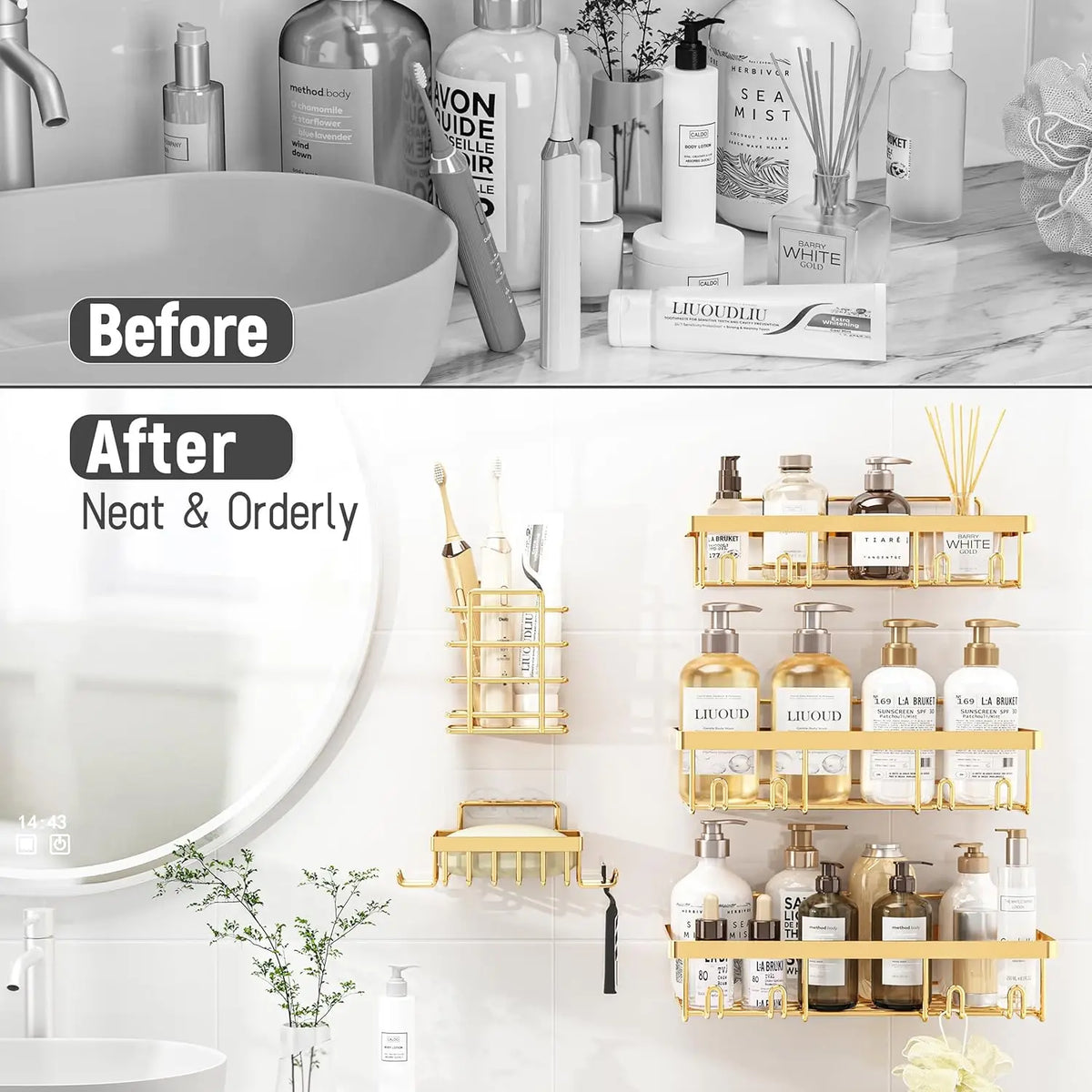 Adhesive Stainless Steel Shower Caddy Set For Bathroom Storage