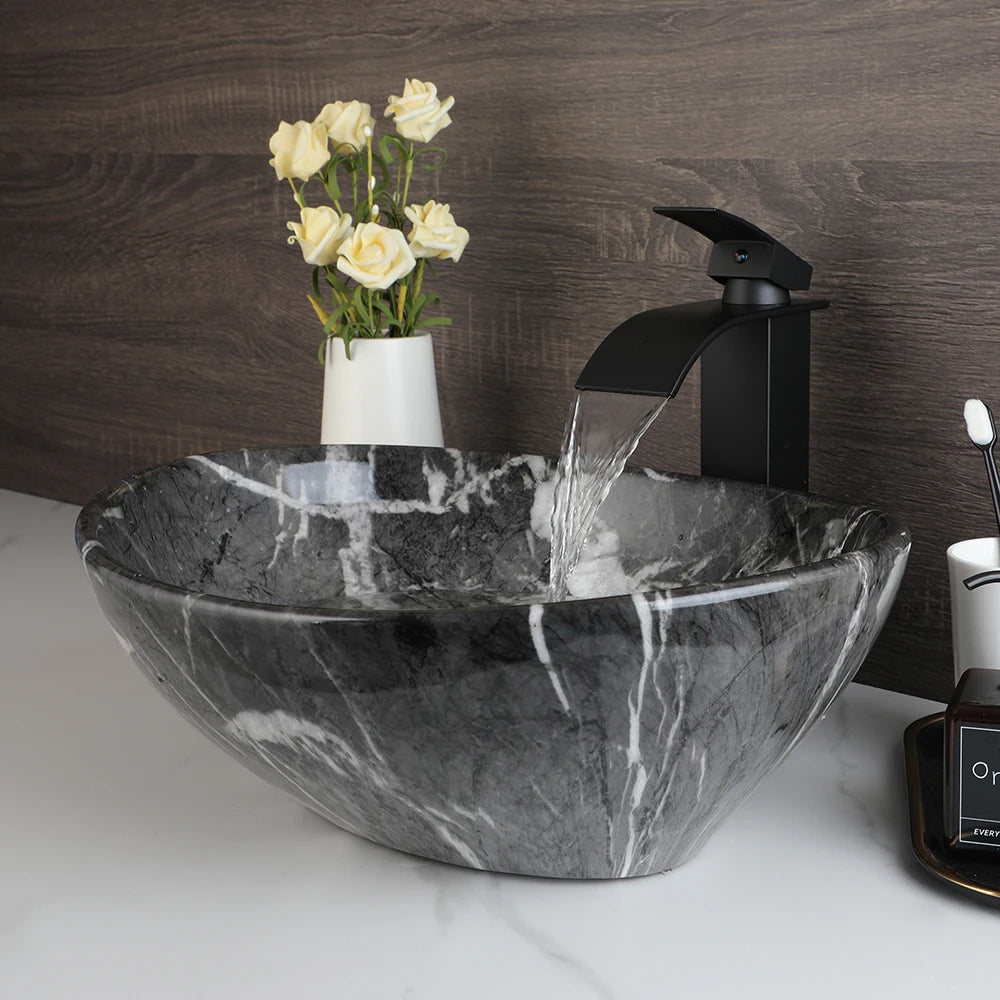 MEKKHALA Ceramic Vessel Sink Set With Waterfall Faucet