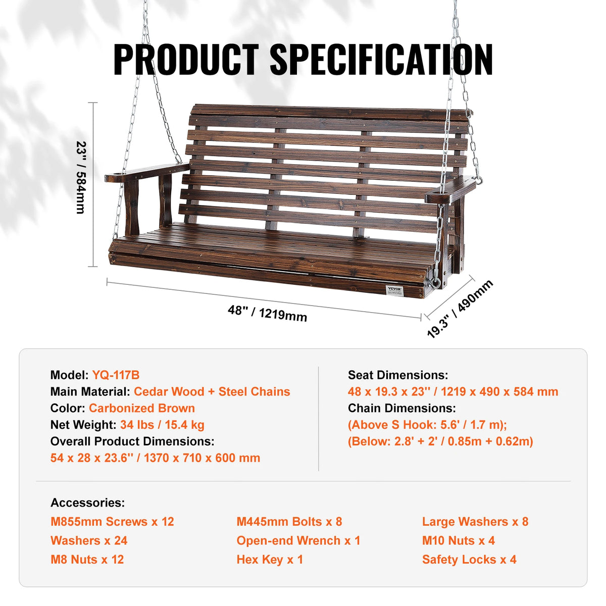 SucceBuy Wooden Porch Swing With Durable Cedar Wood Construction