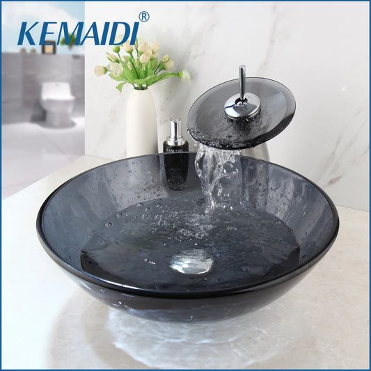 MEKKHALA Tempered Glass Vessel Sink With Waterfall Faucet Mixer