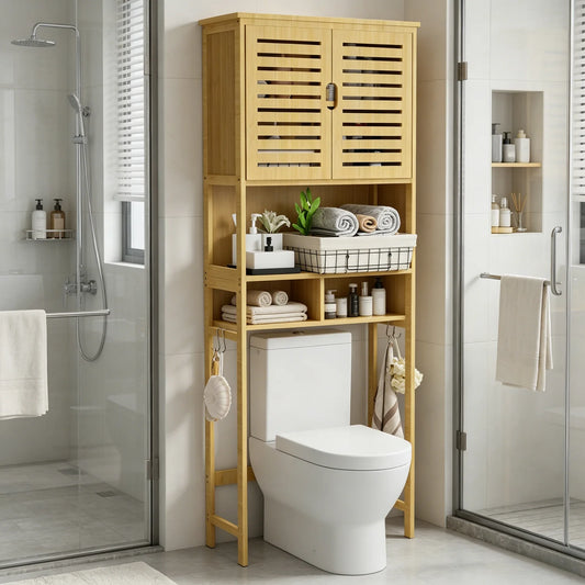 Natural Bamboo Over Toilet Storage Rack With Three Tier Shelves