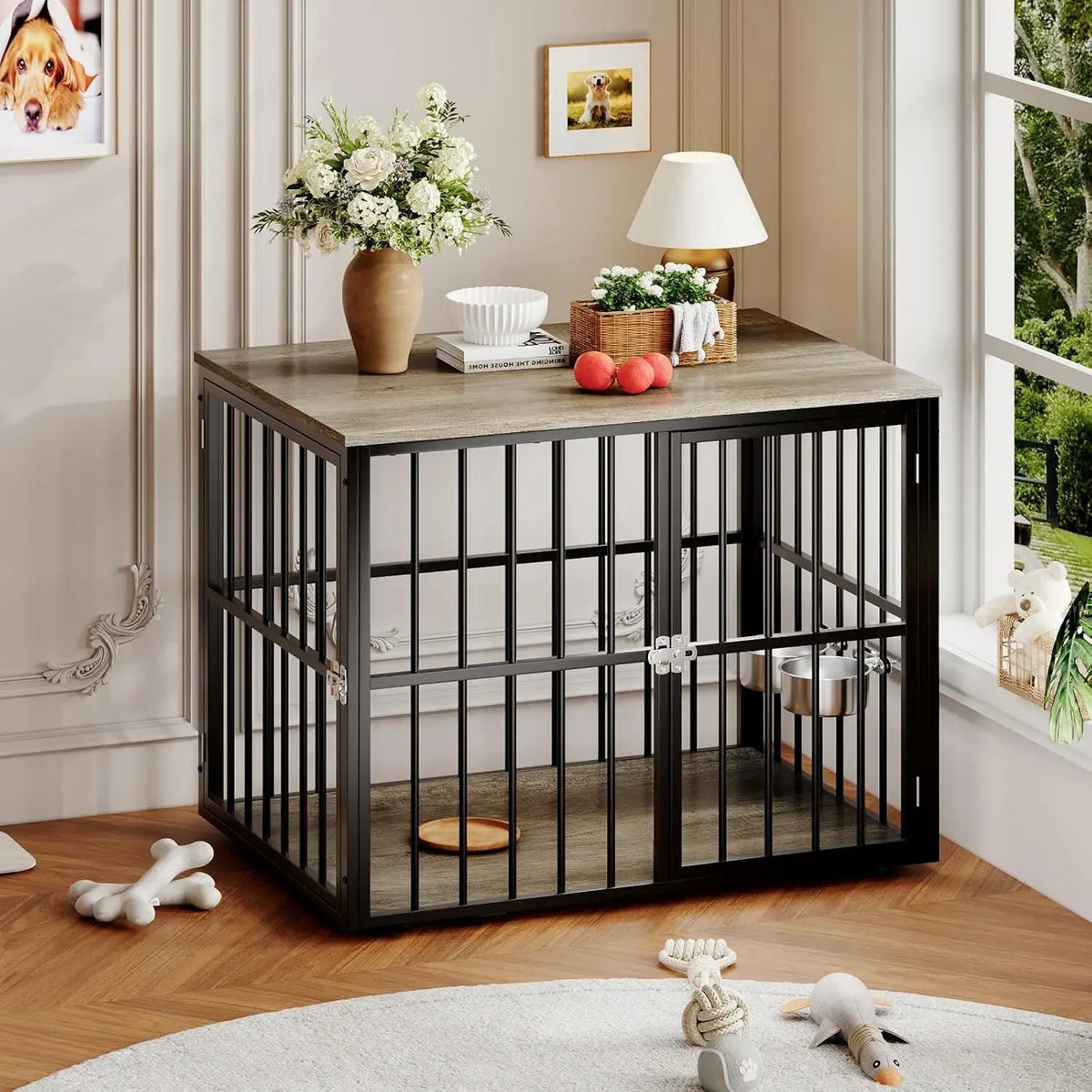 ANIXOL Wooden Dog Crate Furniture With Lockable Double Doors