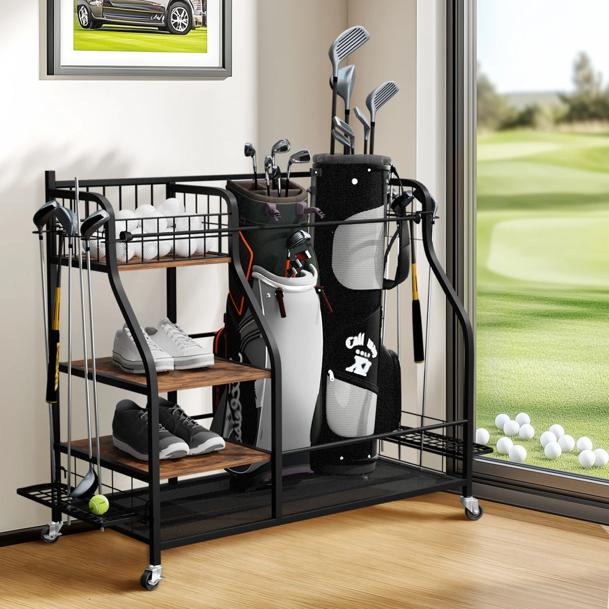 Rolling Multi Tier Golf Bag Storage Rack For Sports Equipment