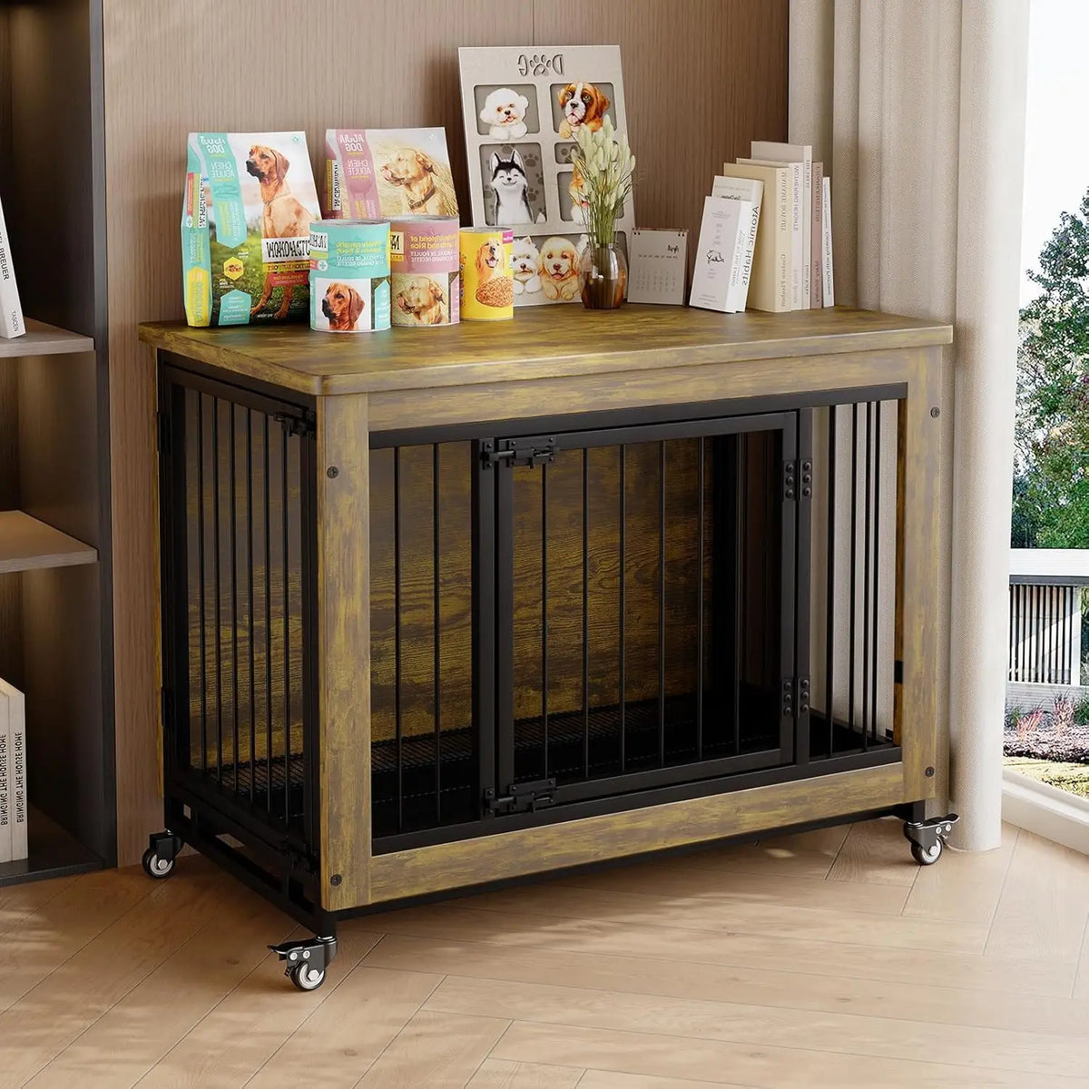 ANIXOL Wooden Dog Crate Furniture With Locking Doors And Wheels
