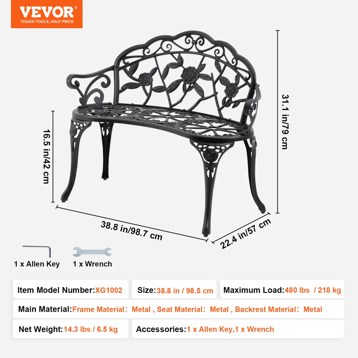 SucceBuy Outdoor Wooden Metal Garden Bench Patio Furniture