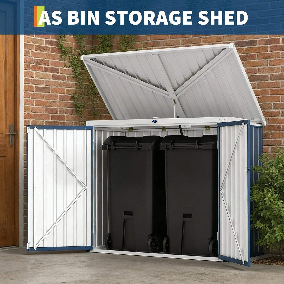 Outdoor Metal Trash Can Storage Shed With Lockable Weatherproof Design