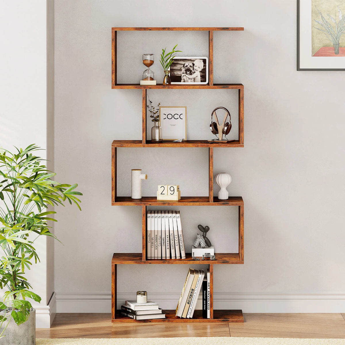 JHK Geometric Wooden Bookcase With Modern Storage Display Shelves