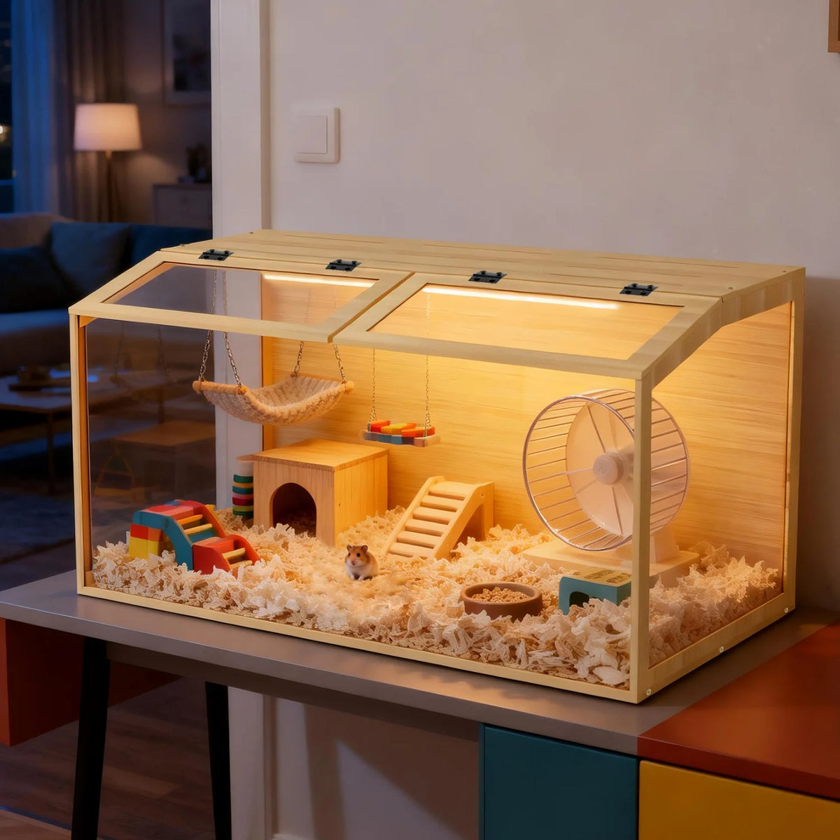 Wooden Hamster Cage Animal Cabinet for Guinea Pigs Hamster Habitat Openable Top Tabletop Habitat Enclosure Tempered Glass Panels