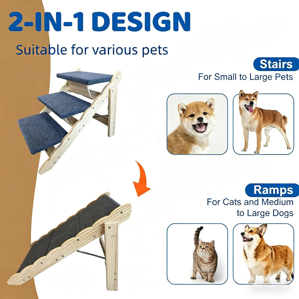 HiMISS Wooden Pet Stairs And Folding Dog Ramp For Pets