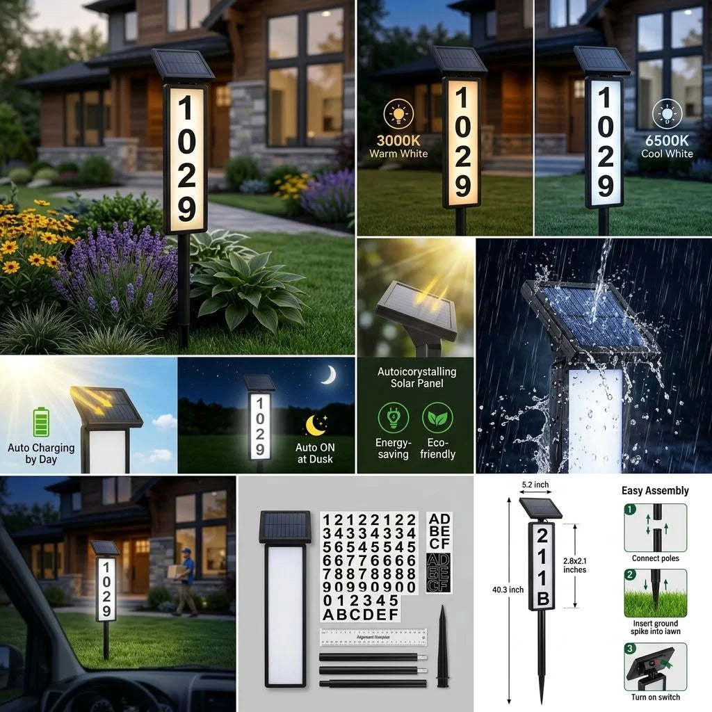Solar Powered LED Address Sign With Illuminated House Numbers