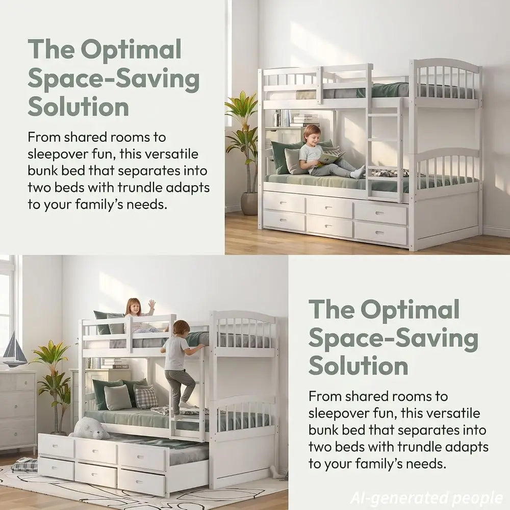Wood Bunk Bed with Trundle 3 Drawers for Kids Bedroom