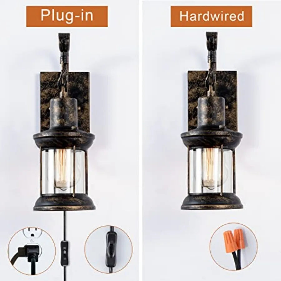 Rustic Wall Lamps, Lantern Wall Sconce Plug in Oil Rubbed Antique Wall Sconce Fixtures Farmhouse Interior Wall Lighting for Bed