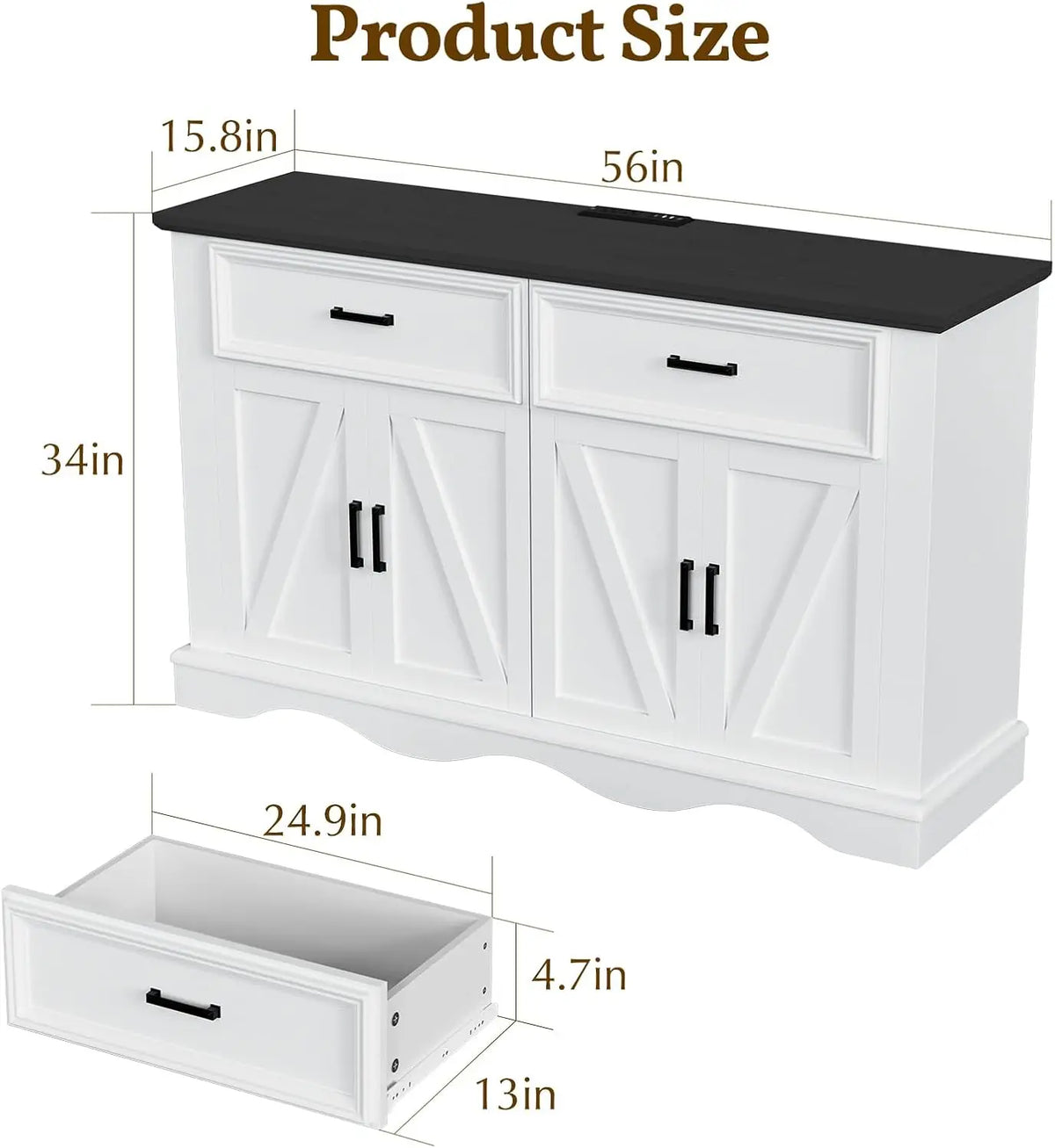 Wood Modern Farmhouse Sideboard Buffet Cabinet With Charging Station