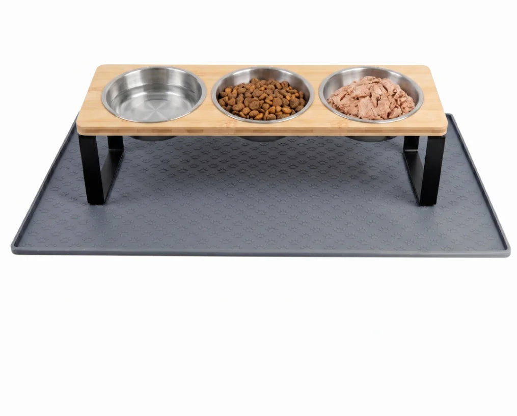 Elevated Cat Feeder With Tilted Stainless Steel Bowls And Mat
