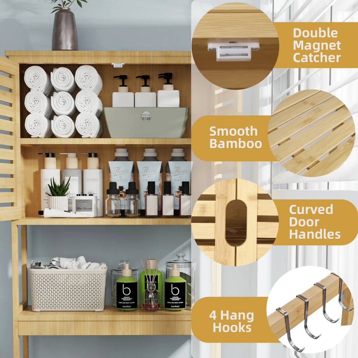 Natural Bamboo Over Toilet Storage Rack With Three Tier Shelves