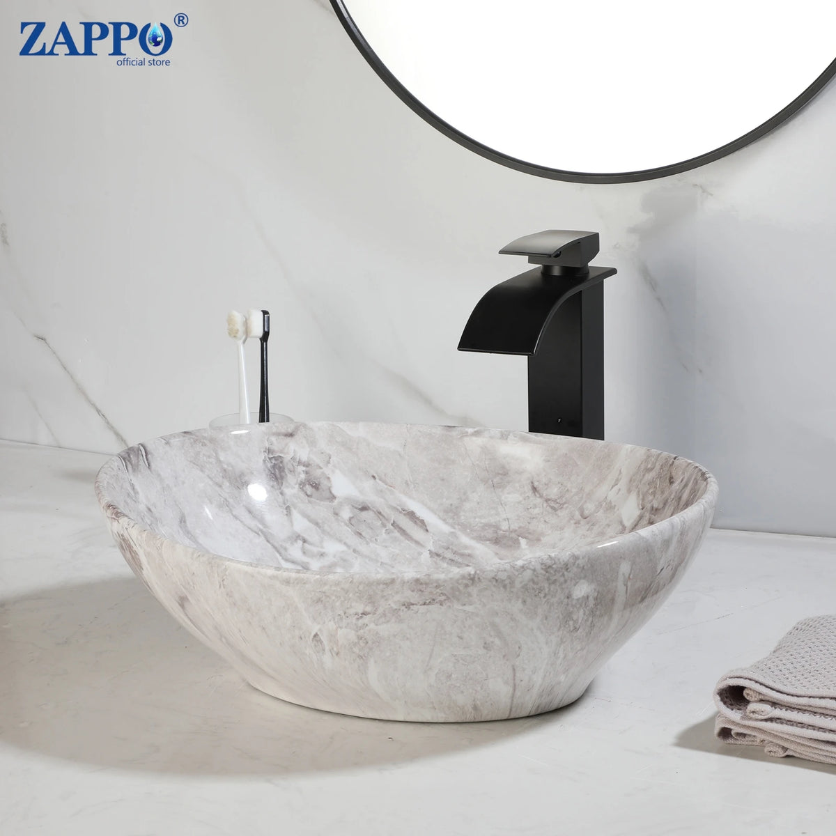 MEKKHALA Ceramic Vessel Sink Set With Waterfall Faucet