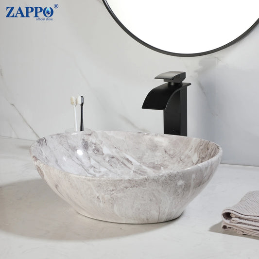 MEKKHALA Ceramic Vessel Sink Set With Waterfall Faucet