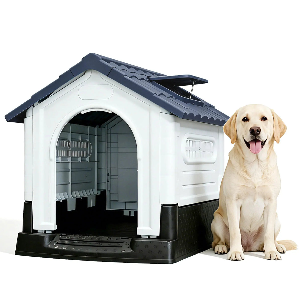 Waterproof 2-Door Dog House, Grey – Fold-Out Porch, Elevated Base, for Indoor/Outdoor Use, Small & Medium Dogs, 31"L X 21"W X 26"H, Easy Assembly