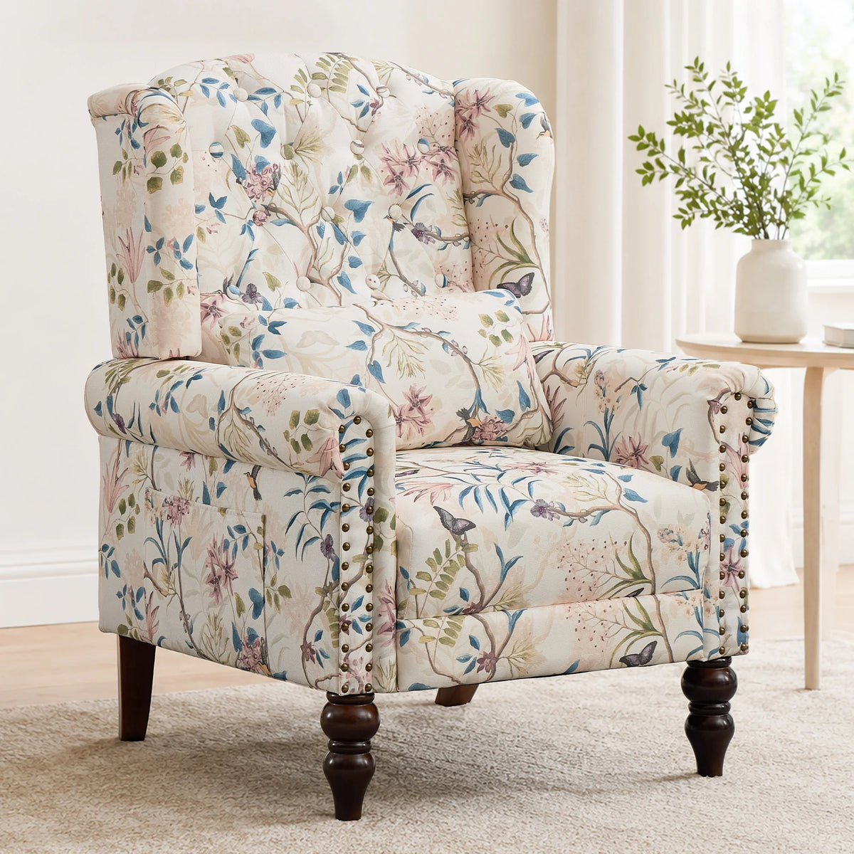 TCGBKAF Vintage Floral Fabric Wingback Armchair With Rotating Base