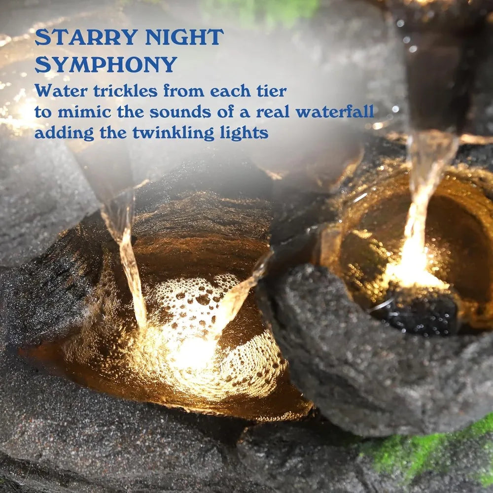 Cascading Rock Waterfall Fountain With LED Lights For Outdoor Gardens