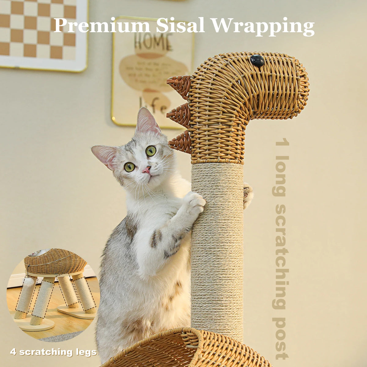 Pawz Road Dinosaur Cat Tower Sisal Scratching Post Rattan Bed