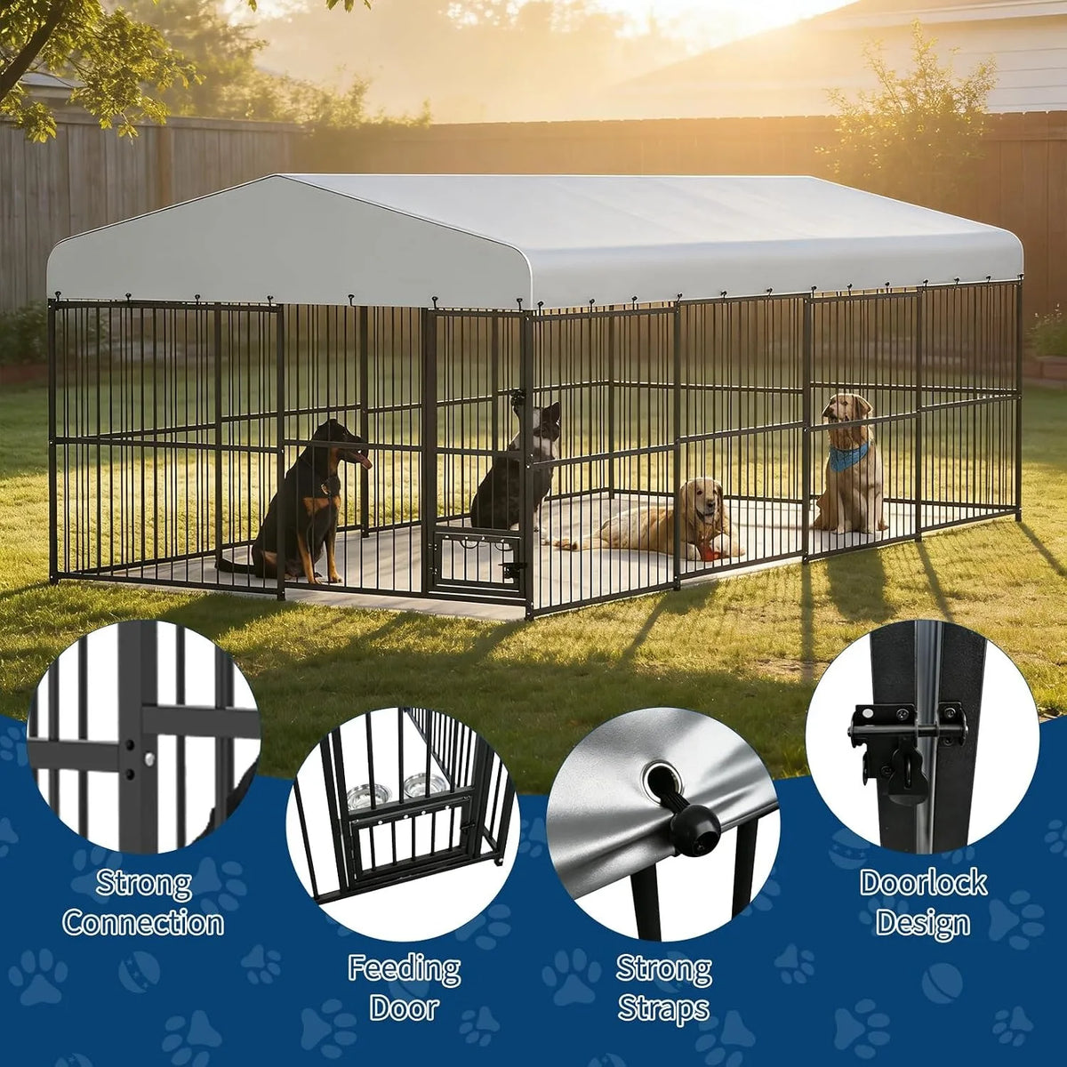 Super Large Outdoor Dog Kennel 20FT Heavy Duty Metal Dog Run Enclosure Walk In Dog Cage with Iron Alloy Frame Secure Gate Feed Access Modular Panels A Frame Top Pet Pen for Dogs Chickens Ducks Geese Backyard Garden Farm