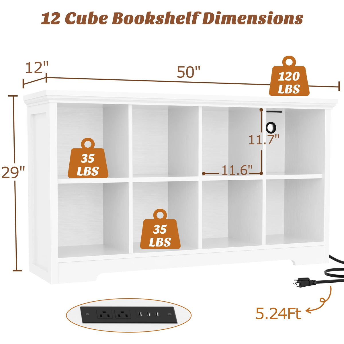 Aheaplus 8 Cube Wooden Bookshelf With Integrated Charging Ports