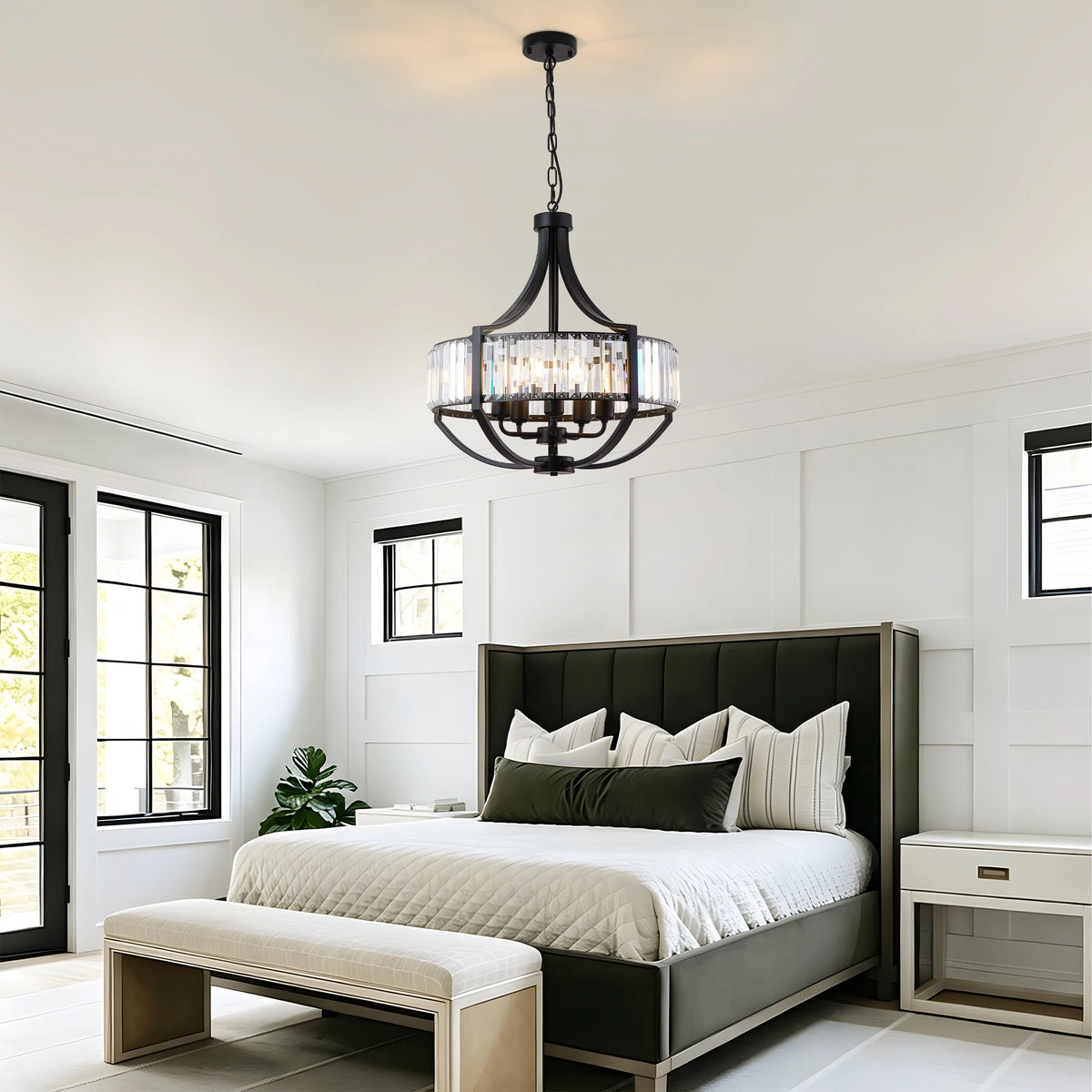 ARLGSITE 20'' Pendant 5 Light LED Crystal Chandelier Black Kitchen Living Room Fixture