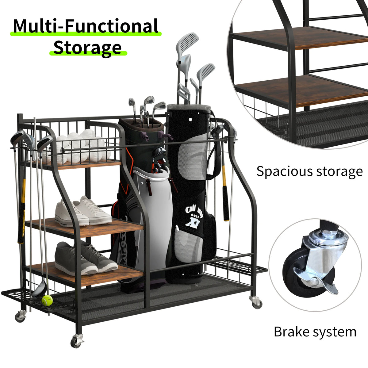 Rolling Multi Tier Golf Bag Storage Rack For Sports Equipment