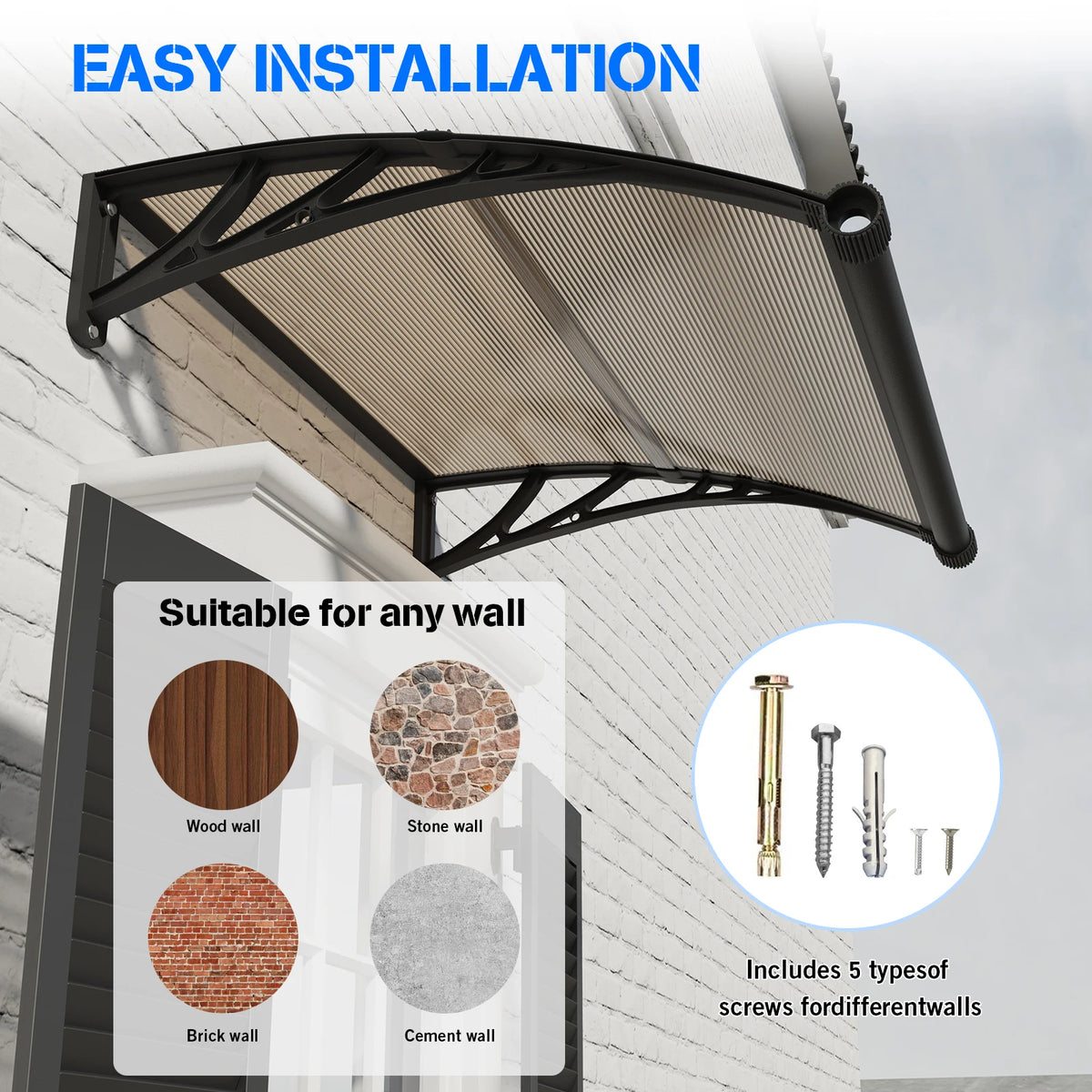 Polycarbonate Door Awning For Patio Sun Shade Rain Shelter Cover