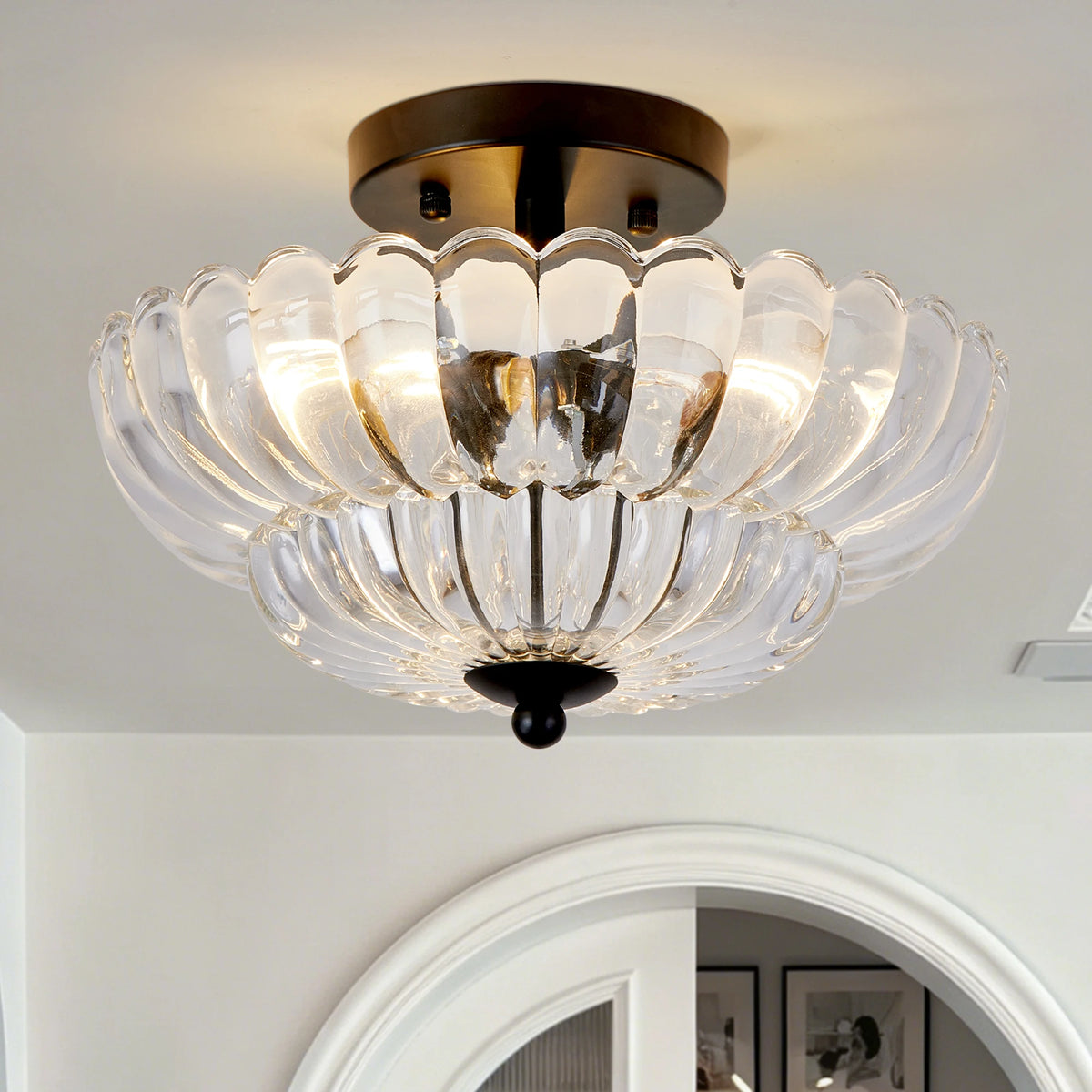 ARLGSITE 11.8" 3-Light Semi Flush Mount Ceiling Light, Clear Patterned Glass, Matte Black Fixture for Kitchen, Bathroom, Bedroom, Hallway, Bulbs Not Included