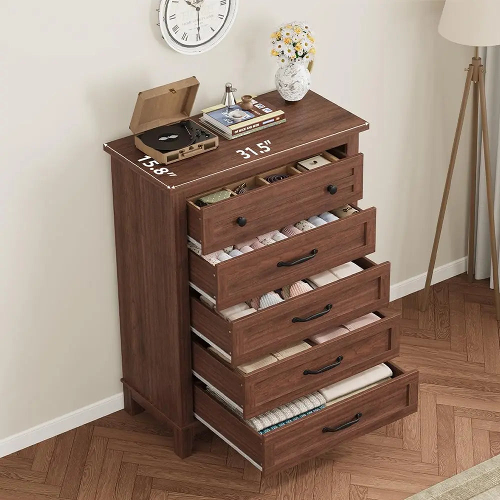 Five Drawer Wooden Dresser With Spacious Bedroom Storage Cabinet