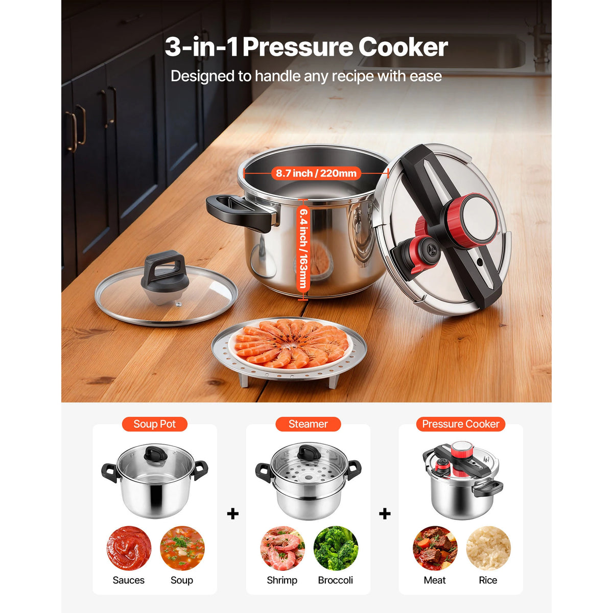 SucceBuy Stainless Steel Pressure Cooker Tempered Glass Lid Steaming Rack