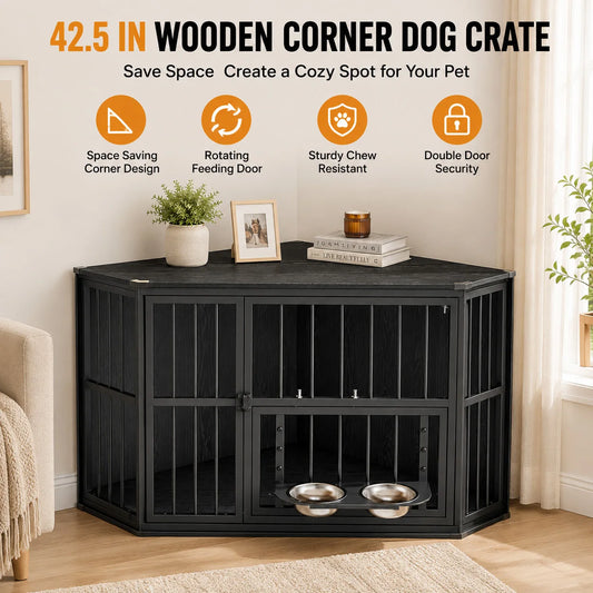 Wooden Corner Dog Crate Furniture With Double Door Lockable Cage