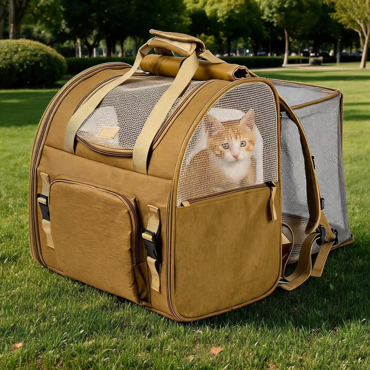 Expandable Cat Carrier Mesh Backpack With Expandable Mesh Side Padded Shoulder Straps Breathable Nylon Travel Backpack For Small Dogs And Medium Cats