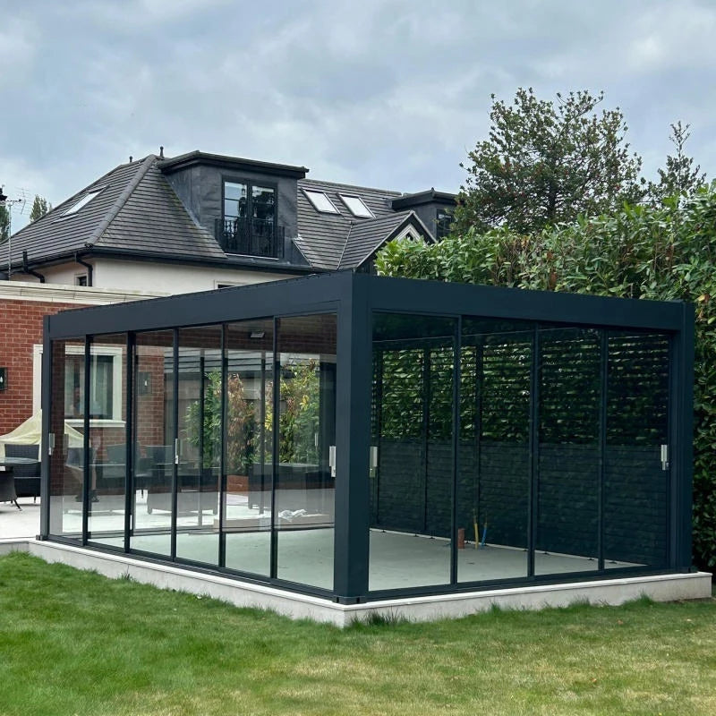 Luxury Aluminum Louvered Gazebo With Glass Enclosure And LED Lights