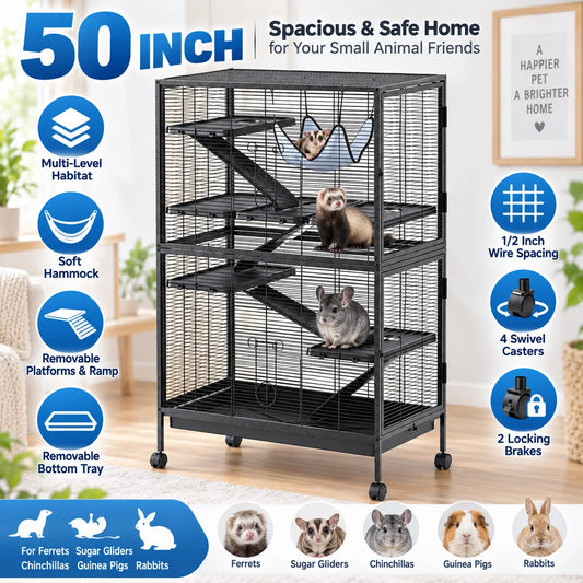 50in Tall Ferret Cage Multi Level Small Animal Habitat with Hammock Removable Platforms Ramp Rolling Wheels Bottom Tray for Sugar Glider Chinchilla Guinea Pig Rabbit and Small Pets