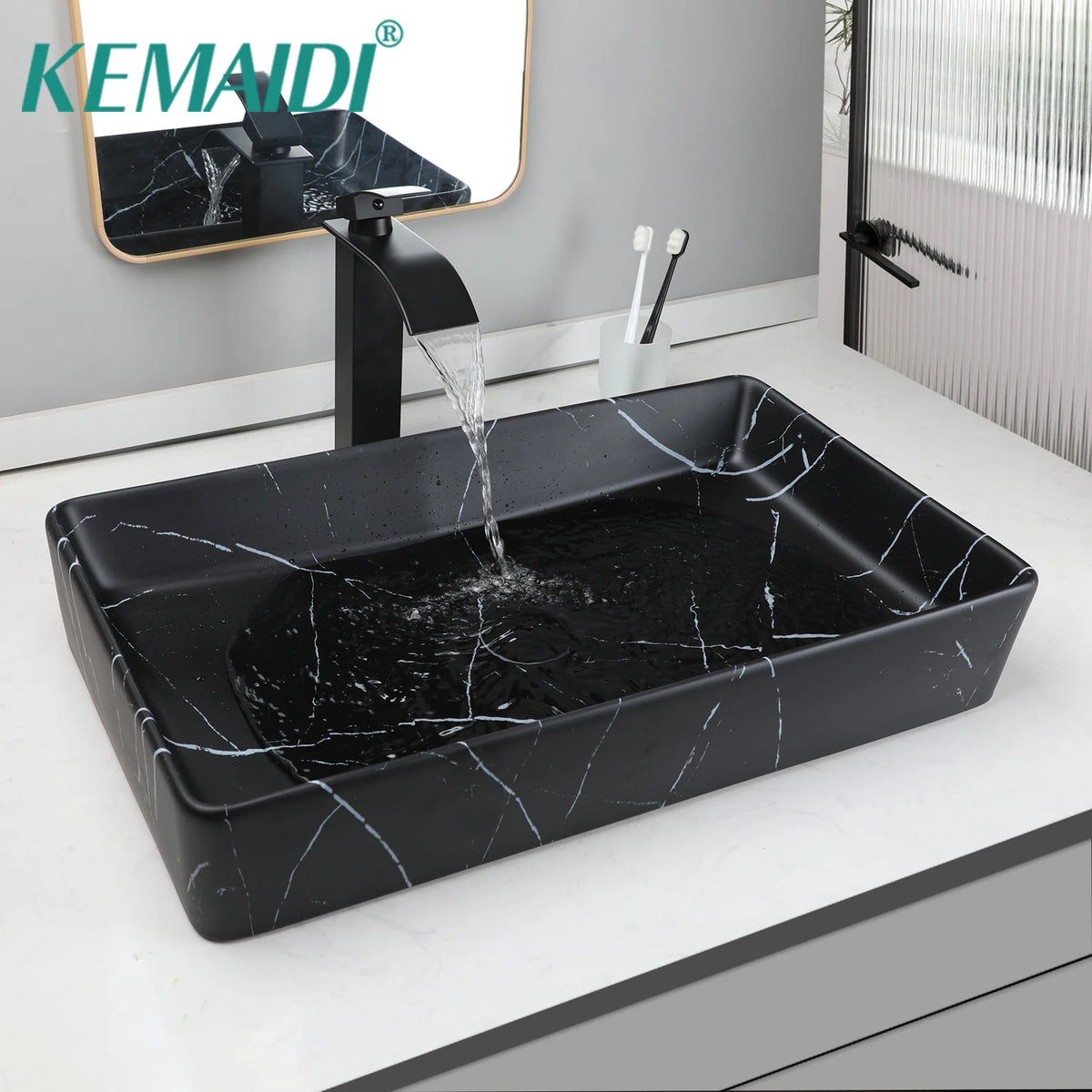 KEMAIDI Rectangular Ceramic Bathroom Vessel Sink With Drain