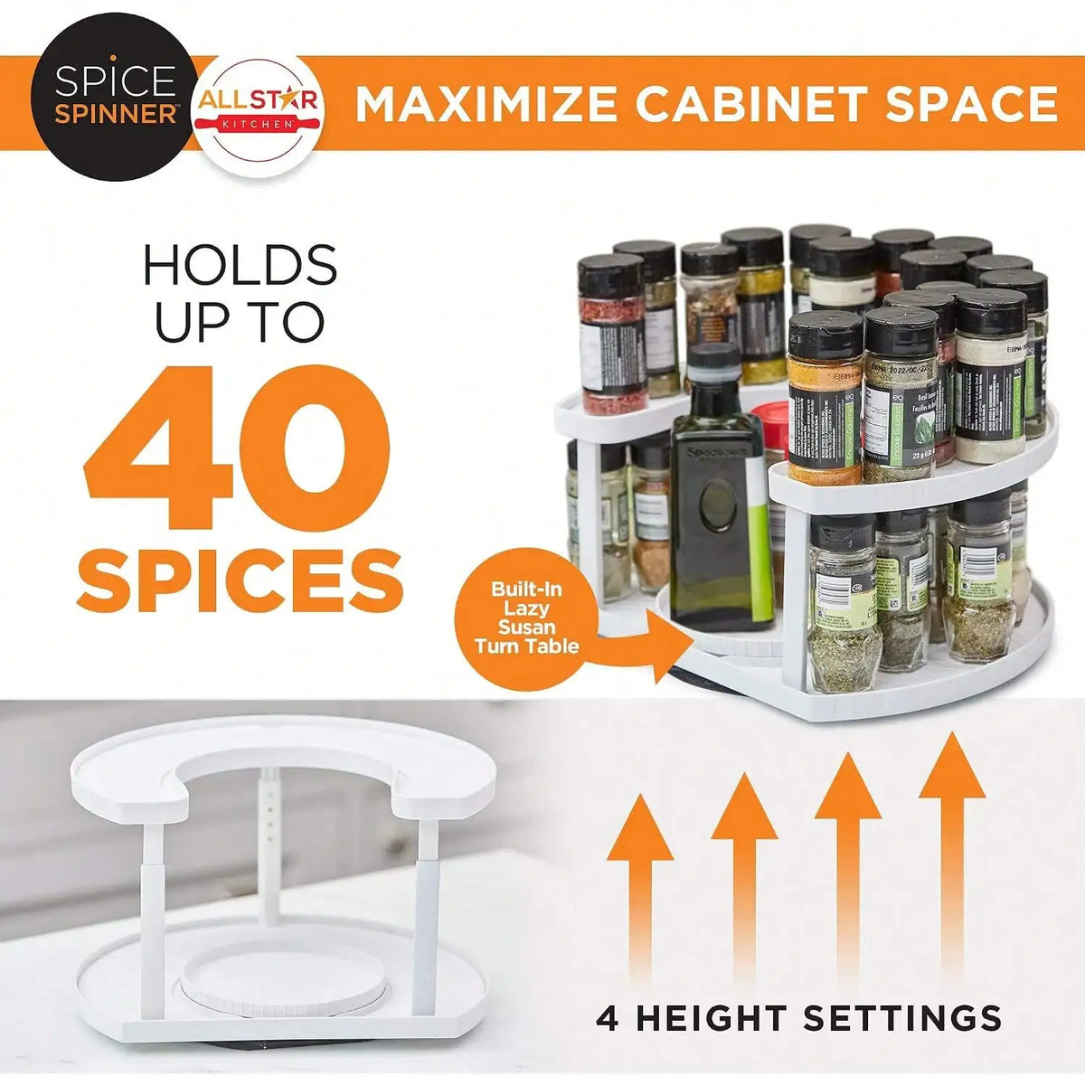 Two-Tier Rotating Spice Organizer D-Shape Lazy Susan Countertop Storage Rack