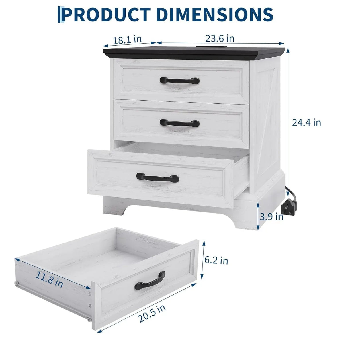 Anixol Farmhouse Nightstand With Three Drawer Charging Station